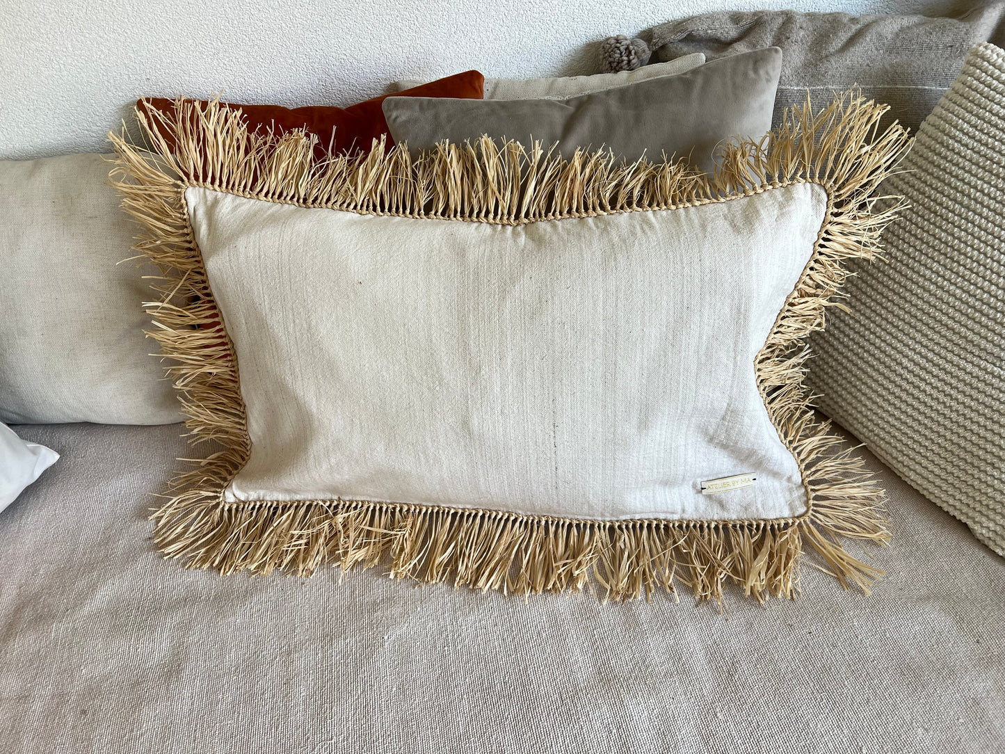 Housse de coussin en Tissus et Raphia naturel Rectangulaire - Modèle "Porto-Vecchio"