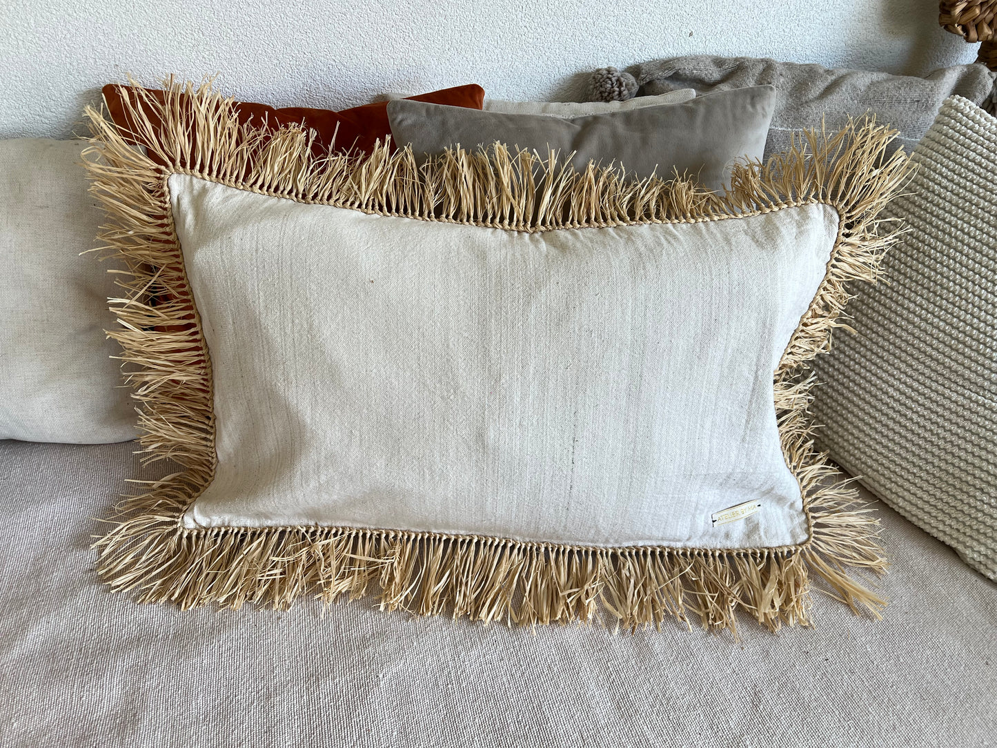 Housse de coussin en Tissus et Raphia naturel Rectangulaire - Modèle "Porto-Vecchio"