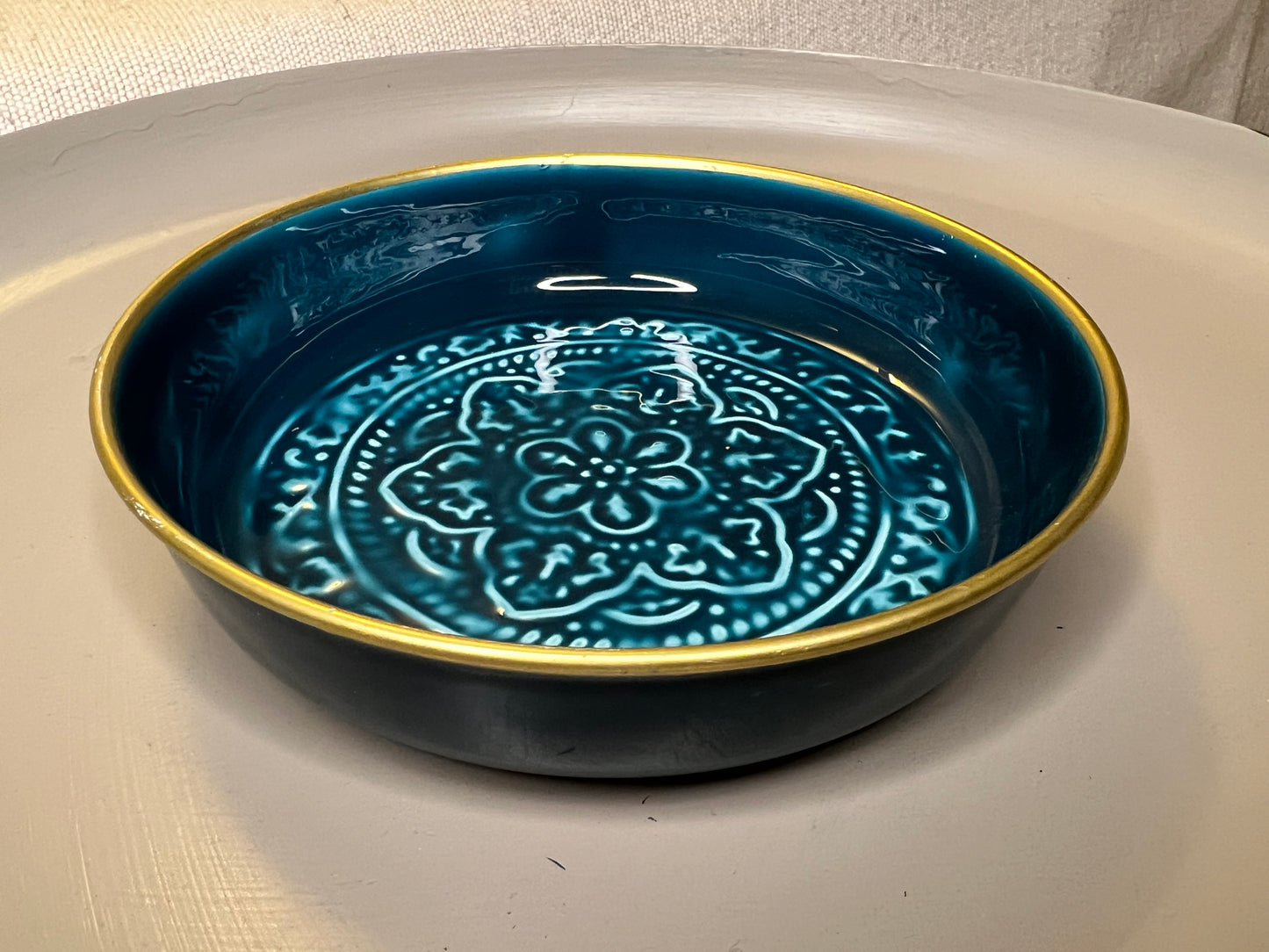 Plateau vide-poche - Style berbère" Turquoise"  métal émaillé 18 cm