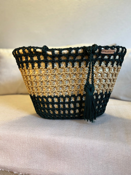 Panier - Sac à main Modèle «  Alba » Couleur Vert forêt - Beige