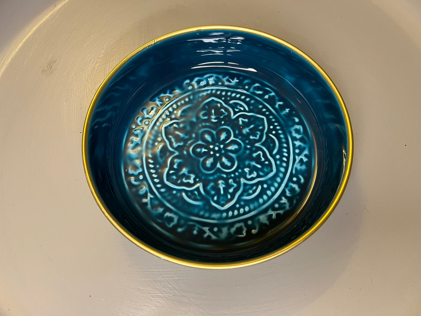 Plateau vide-poche - Style berbère" Turquoise"  métal émaillé 18 cm