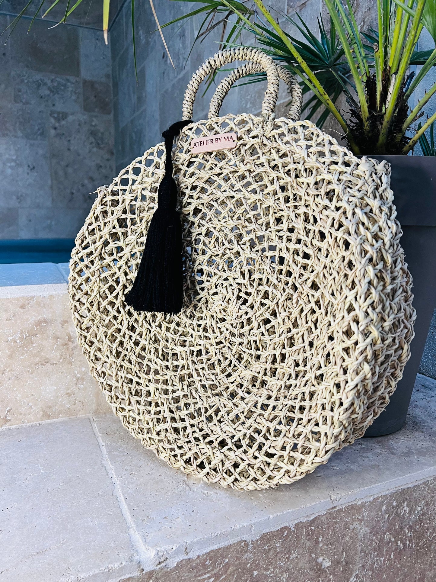 Sac - Panier Rond Modèle "Capsule" avec pompon couleur  au choix - Grand Modèle