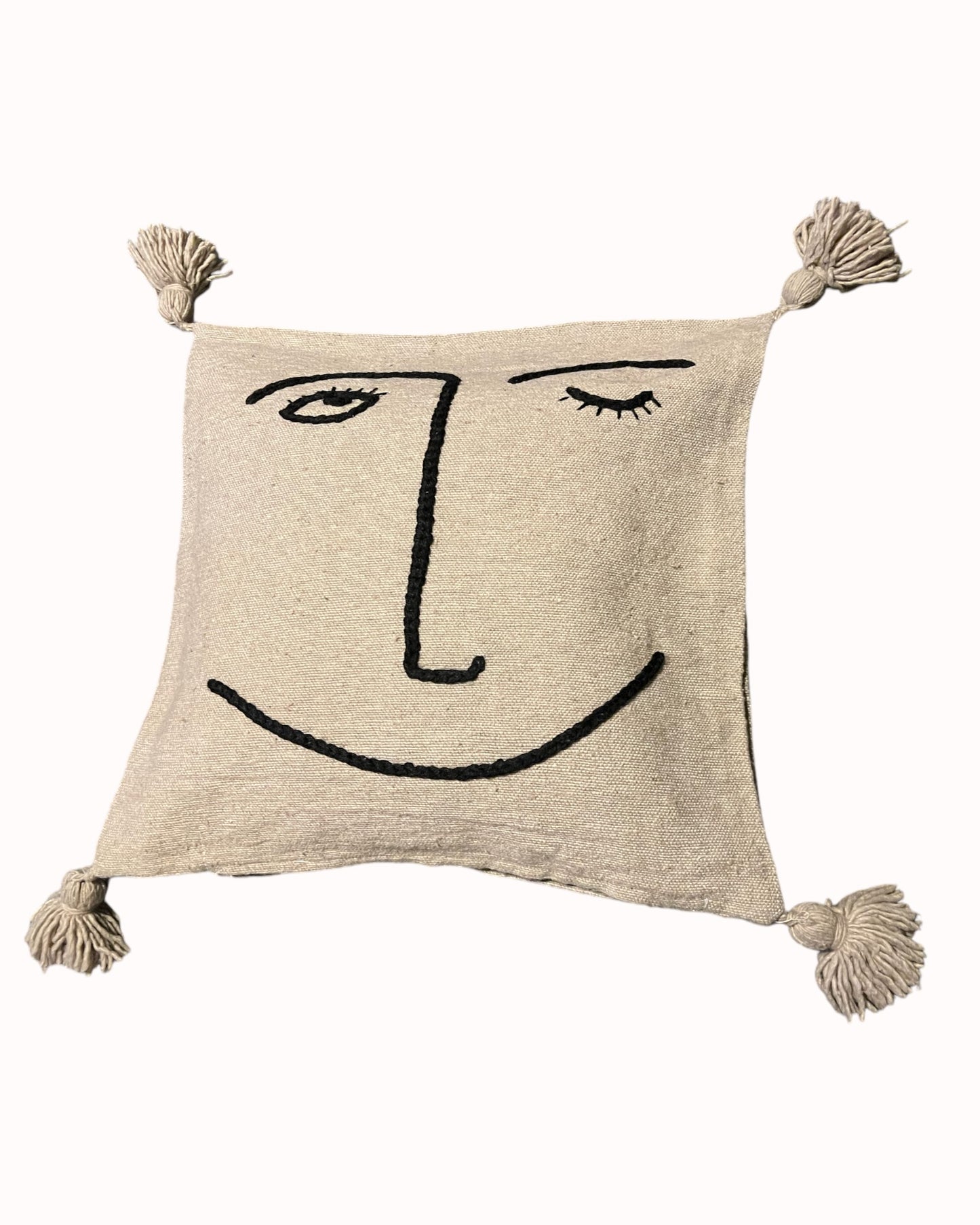 Housse de coussin  avec pompons Lin - Modèle « Visage »